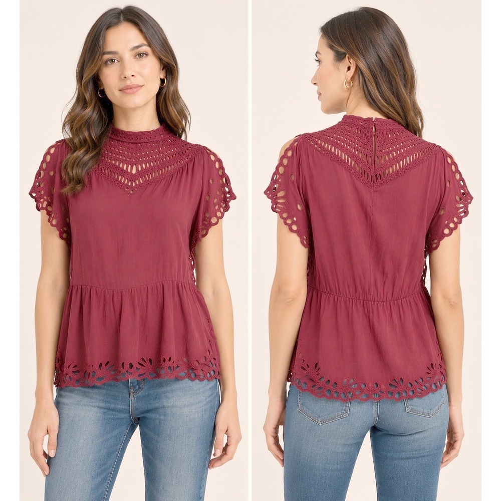 NEW IRO Jala Eyelet Lace High Neck Split Short Sleeve Top Size US XS / FR 34